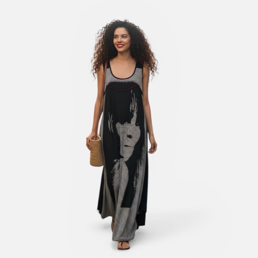 Tango Mango Artistic Portrait Print Maxi Dress Striped Black White M